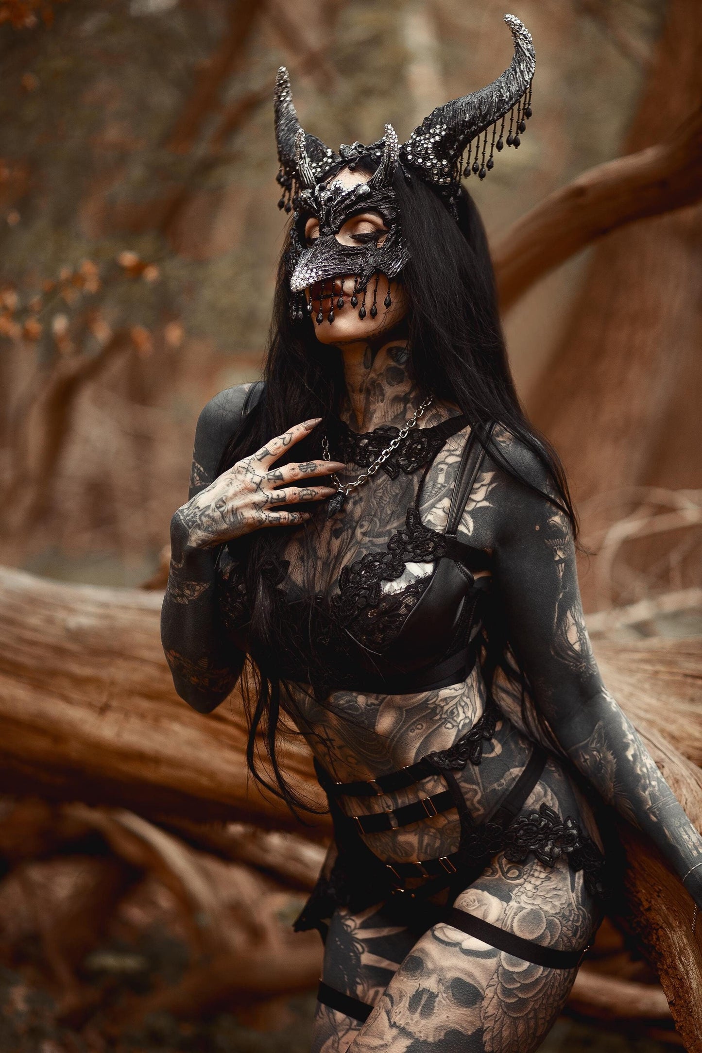 Dark rubin Raven Set ~ gothic Maske ~ Headdress ~ Headpiece ~ Skull - Bones ~ goth ~ Kopfschmuck - festival ~ Devil