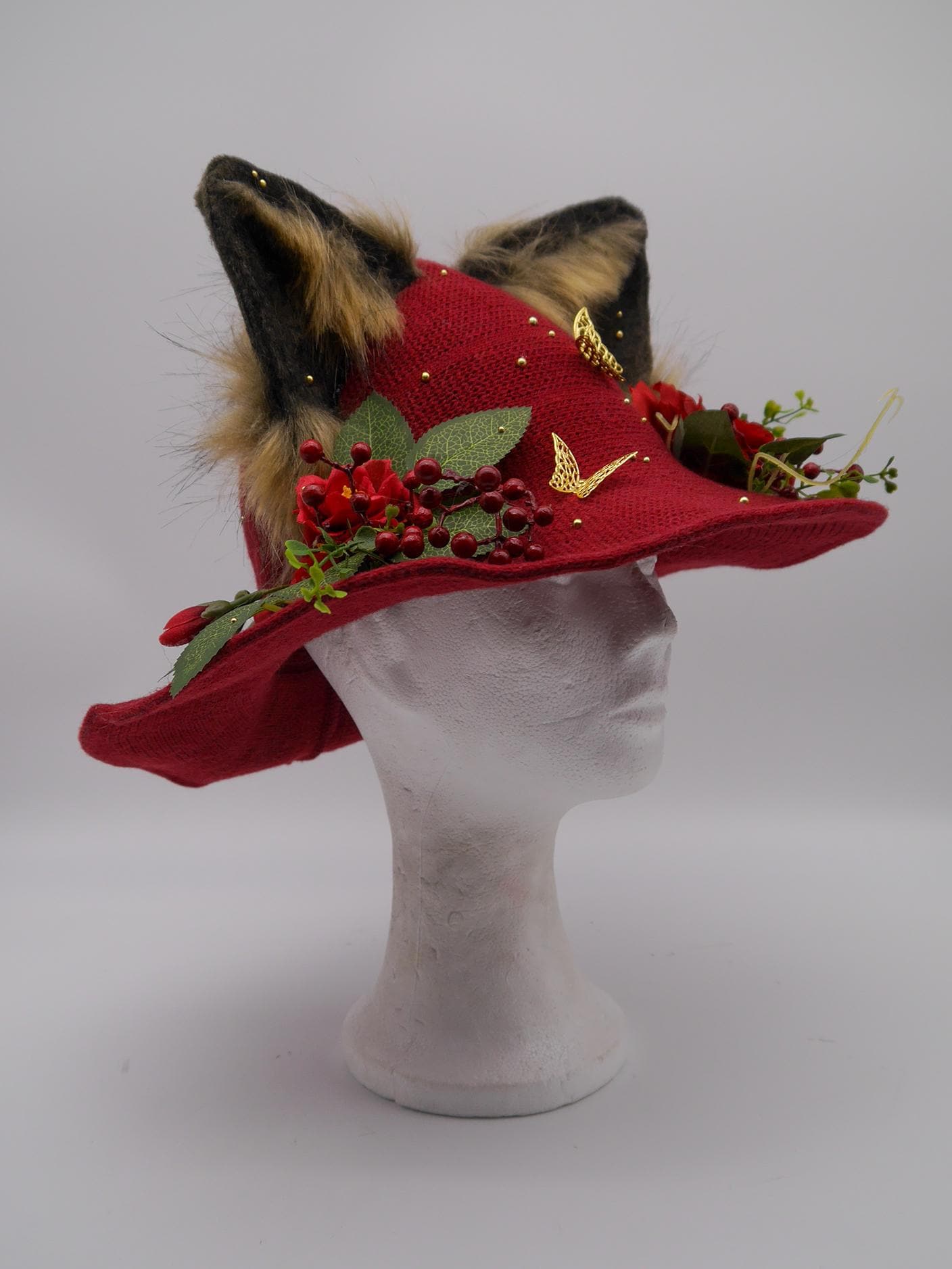 red witch Hat with Ears and Decorative Details ~ Magical Fantasy Design