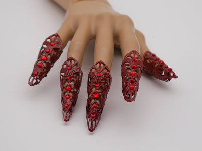 5pc red Filigree Claws Nails with red stones~ Nails ~ Nagel ~ Krallen ~ Ringe ~ Gothic ~ Nägel