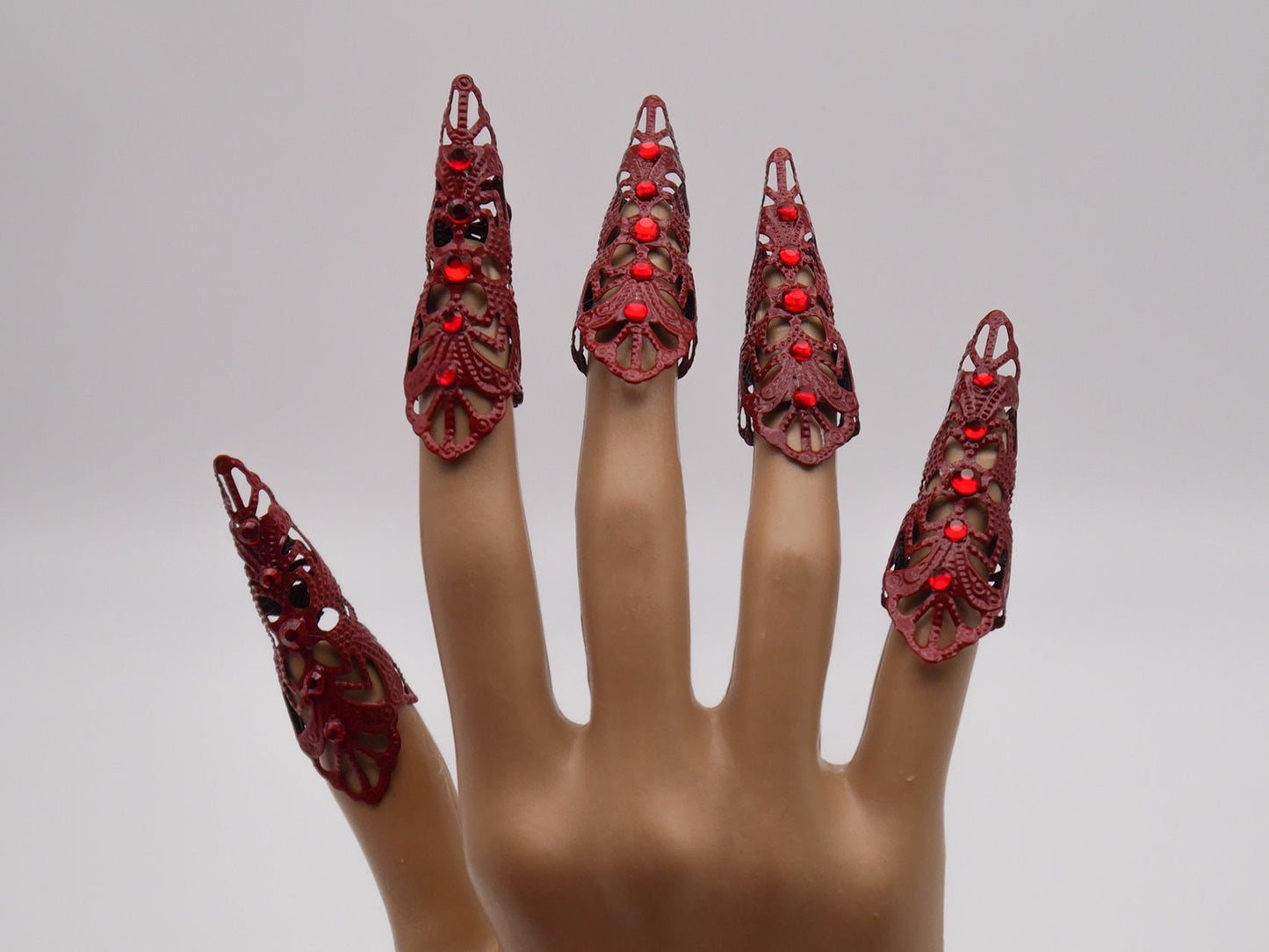 5pc red Filigree Claws Nails with red stones~ Nails ~ Nagel ~ Krallen ~ Ringe ~ Gothic ~ Nägel