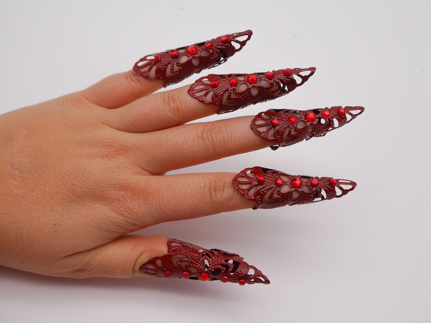 5pc red Filigree Claws Nails with red stones~ Nails ~ Nagel ~ Krallen ~ Ringe ~ Gothic ~ Nägel