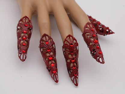 5pc red Filigree Claws Nails with red stones~ Nails ~ Nagel ~ Krallen ~ Ringe ~ Gothic ~ Nägel