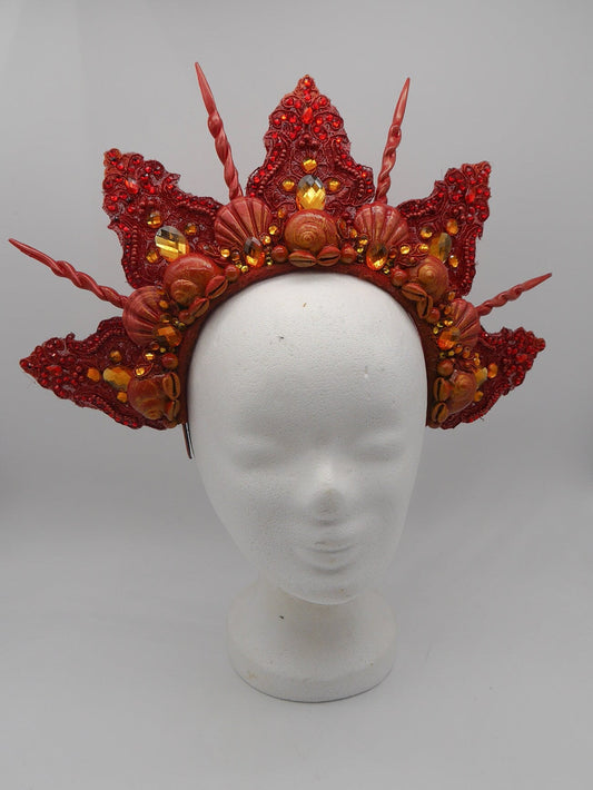 red ornge mermaid crown ~ Meerjungfrau Krone ~ Königin ~ Kopfschmuck ~ Sirene ~ Shell ~ Muschlekrone