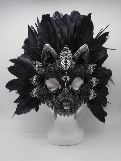 Black silber Cat Mask ~ Boho Maske ~ Headdress ~ Headpiece ~ Skull - Bones ~ wolves ~ wolf ~ Kopfschmuck