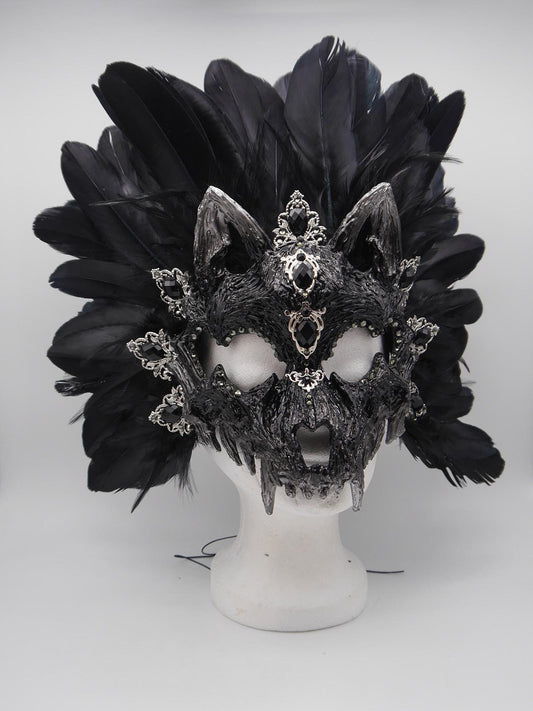 Black silber Cat Mask ~ Boho Maske ~ Headdress ~ Headpiece ~ Skull - Bones ~ wolves ~ wolf ~ Kopfschmuck