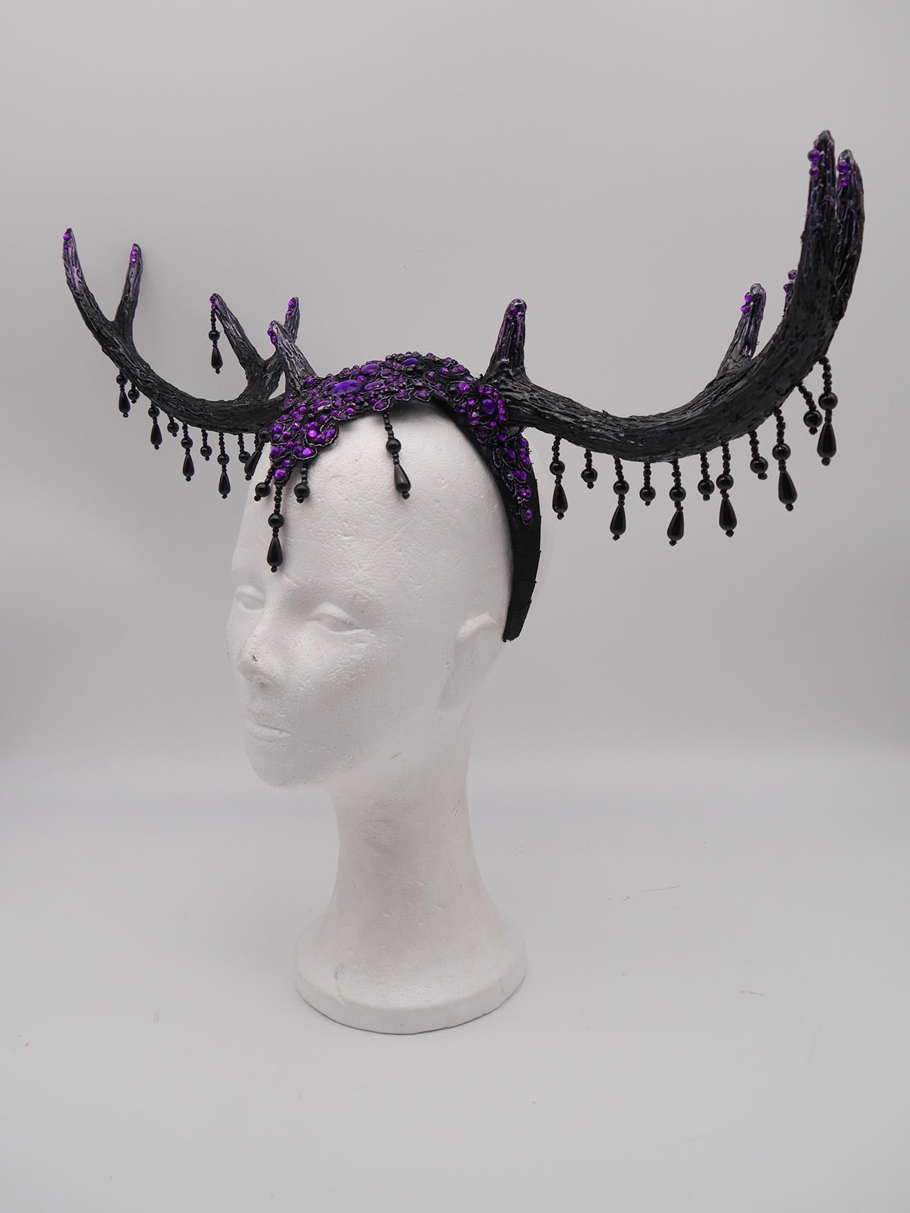 dark purple Gothic Antler Headpiece ~ Dreamcatcher Headdress ~ Horns Headpiece ~ Royal Headdress