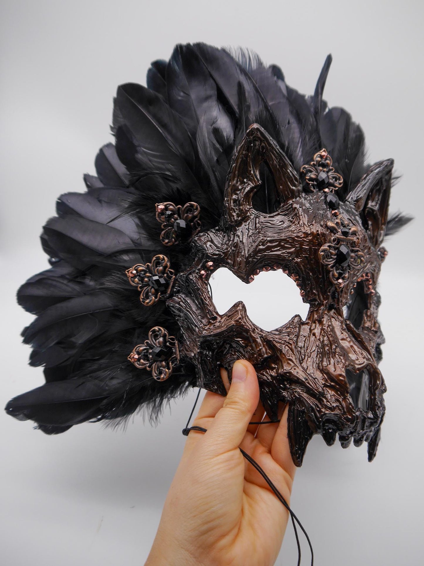 Black silber Cat Mask ~ Boho Maske ~ Headdress ~ Headpiece ~ Skull - Bones ~ wolves ~ wolf ~ Kopfschmuck