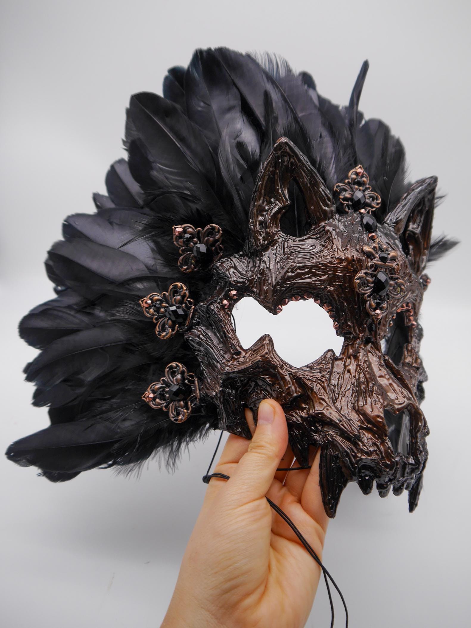 Black silber Cat Mask ~ Boho Maske ~ Headdress ~ Headpiece ~ Skull - Bones ~ wolves ~ wolf ~ Kopfschmuck