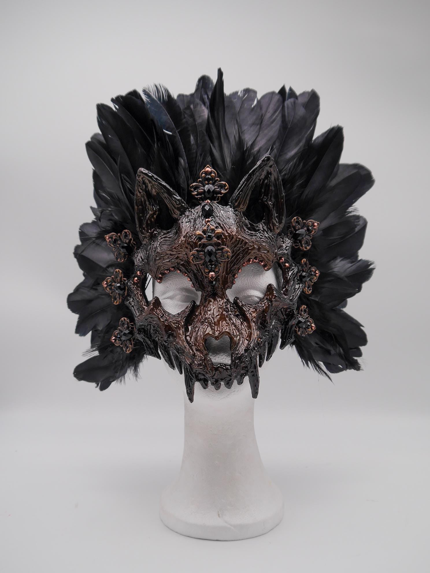 Black silber Cat Mask ~ Boho Maske ~ Headdress ~ Headpiece ~ Skull - Bones ~ wolves ~ wolf ~ Kopfschmuck