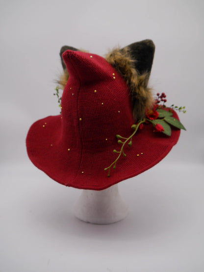 red witch Hat with Ears and Decorative Details ~ Magical Fantasy Design