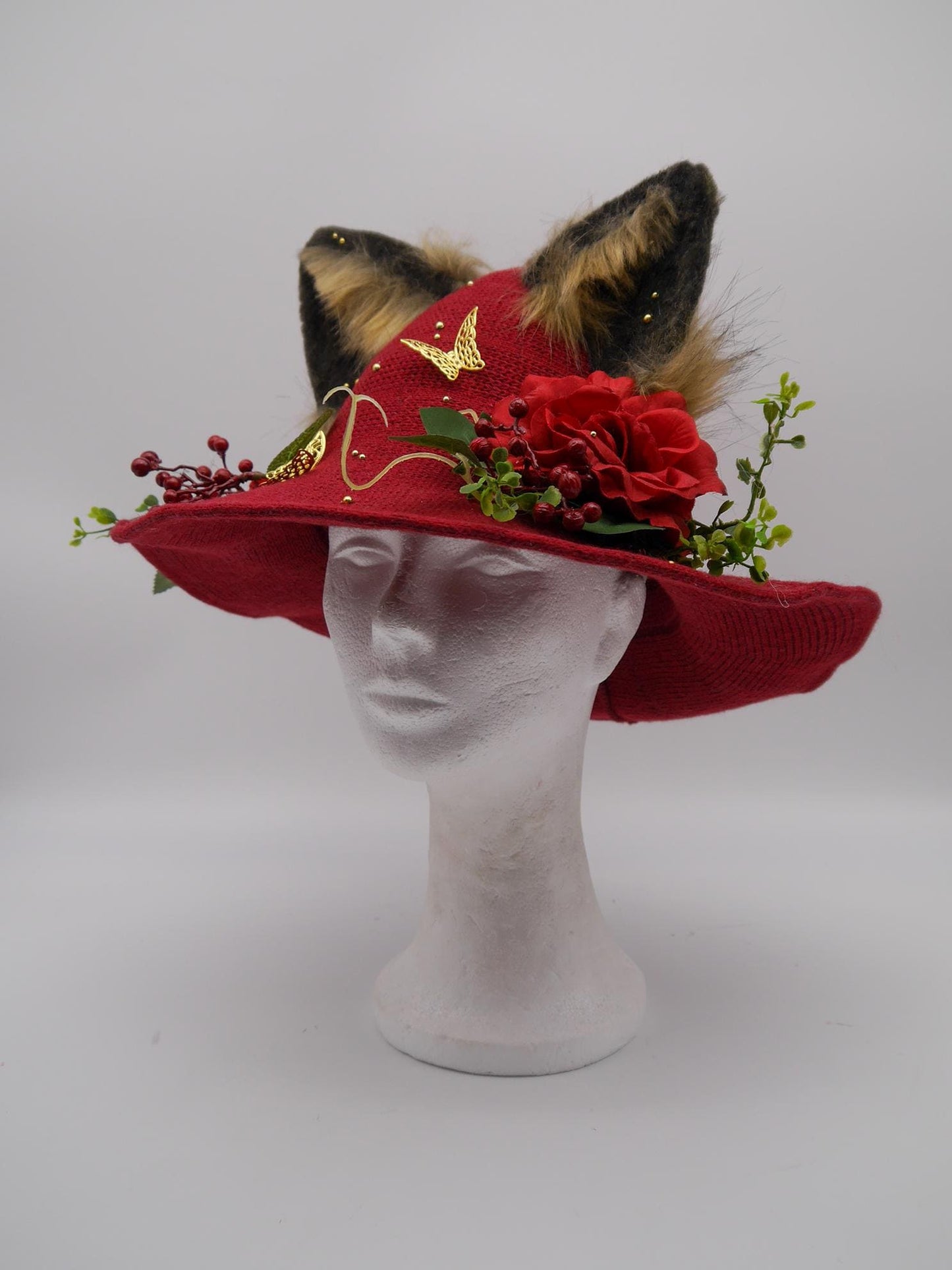 red witch Hat with Ears and Decorative Details ~ Magical Fantasy Design