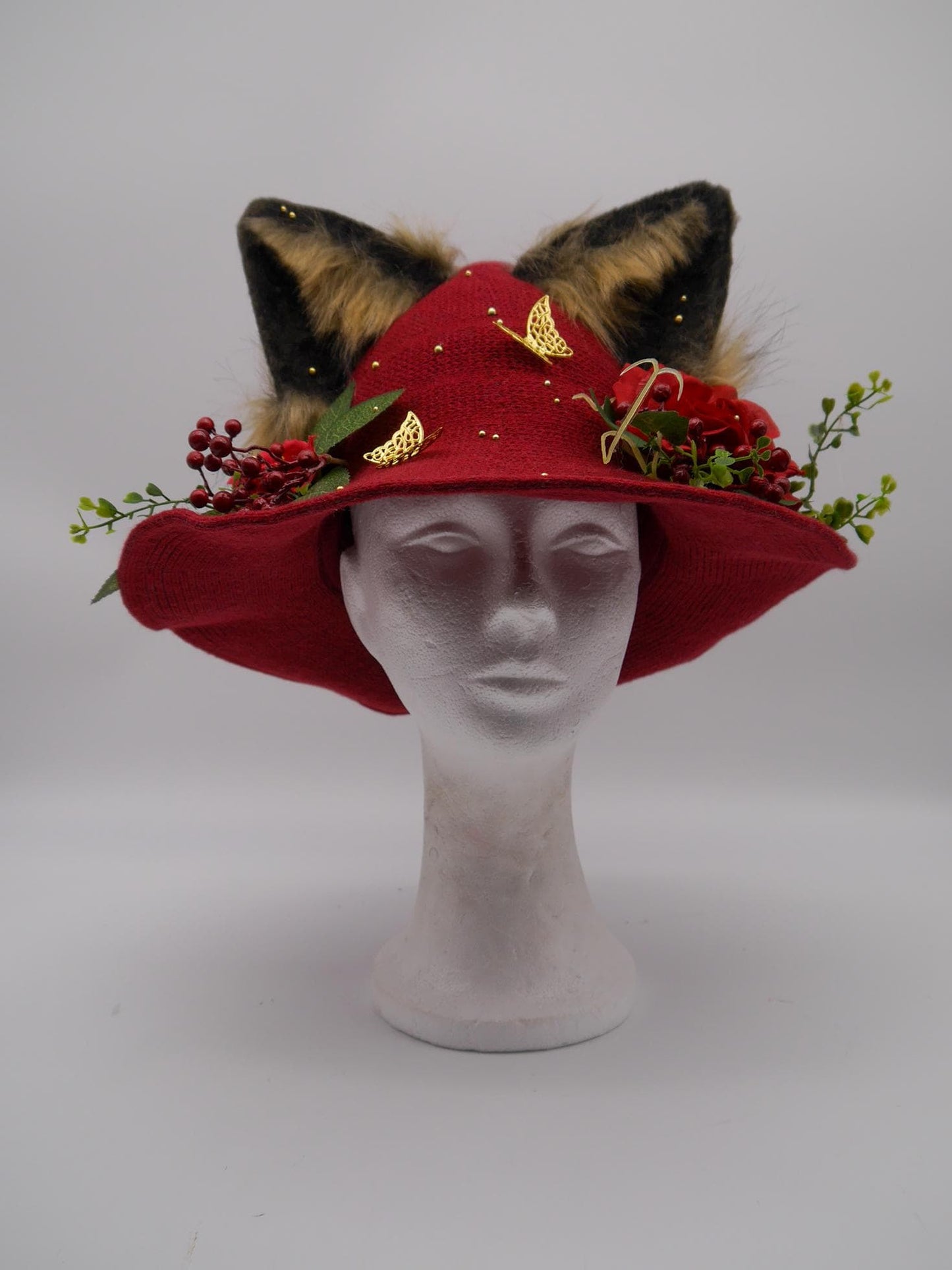 red witch Hat with Ears and Decorative Details ~ Magical Fantasy Design