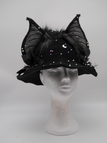 black witch Hat with Bat-Inspired Faux Fur Ears and Decorative Details ~ Magical Fantasy Design