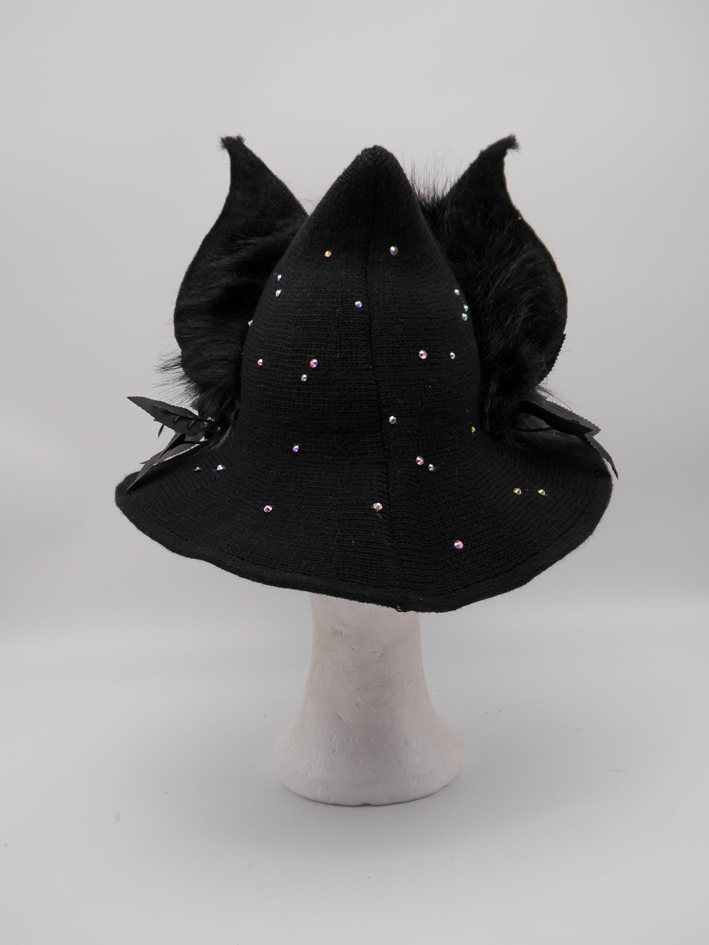 black witch Hat with Bat-Inspired Faux Fur Ears and Decorative Details ~ Magical Fantasy Design