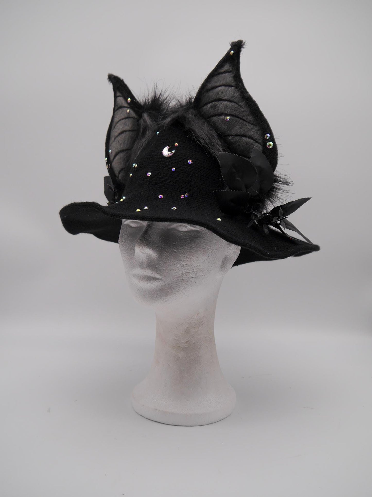 black witch Hat with Bat-Inspired Faux Fur Ears and Decorative Details ~ Magical Fantasy Design