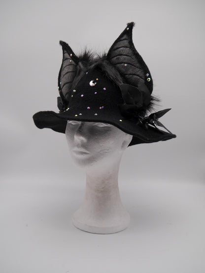 black witch Hat with Bat-Inspired Faux Fur Ears and Decorative Details ~ Magical Fantasy Design