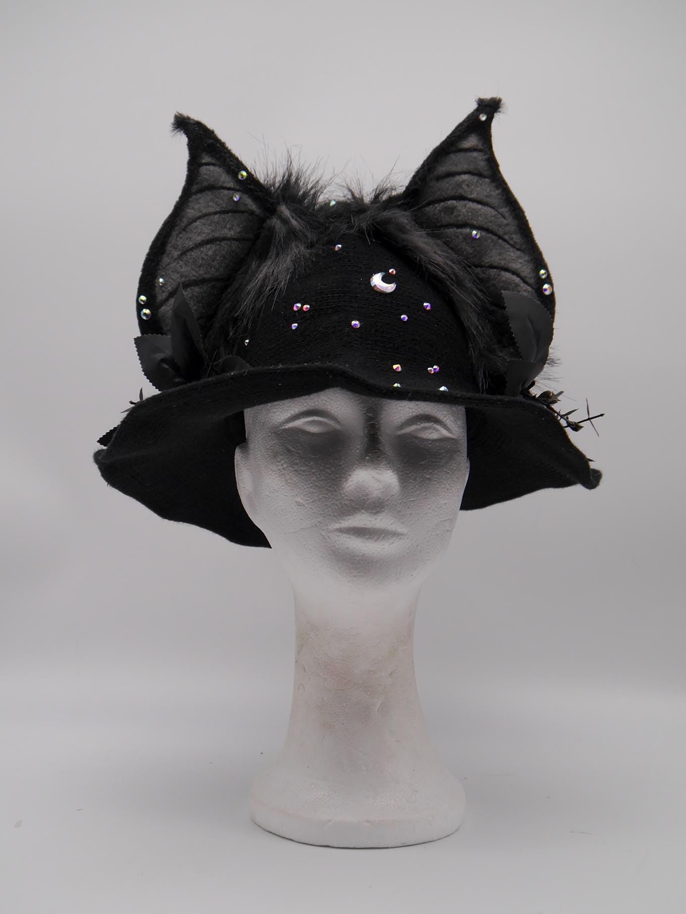 black witch Hat with Bat-Inspired Faux Fur Ears and Decorative Details ~ Magical Fantasy Design
