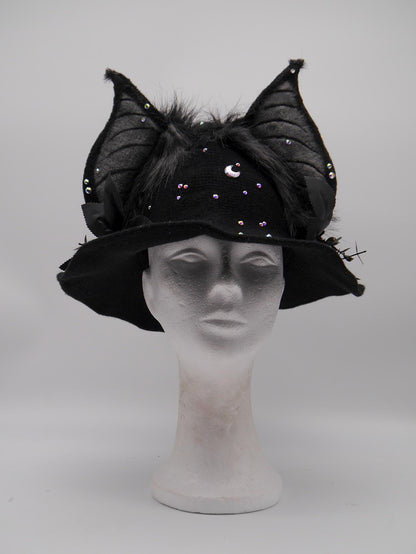 black witch Hat with Bat-Inspired Faux Fur Ears and Decorative Details ~ Magical Fantasy Design
