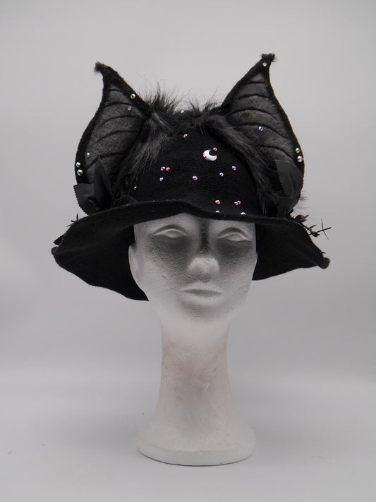 black witch Hat with Bat-Inspired Faux Fur Ears and Decorative Details ~ Magical Fantasy Design