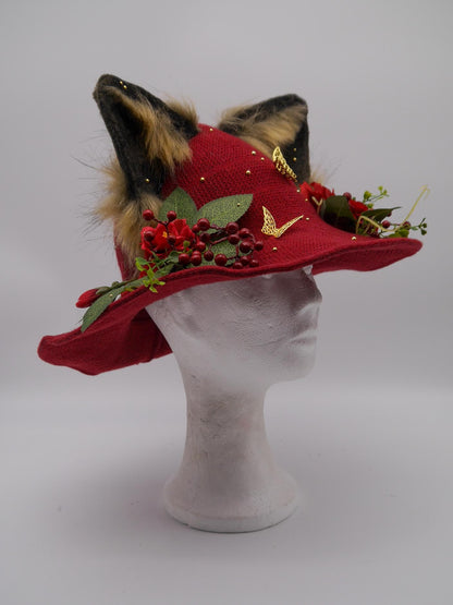 red witch Hat with Ears and Decorative Details ~ Magical Fantasy Design