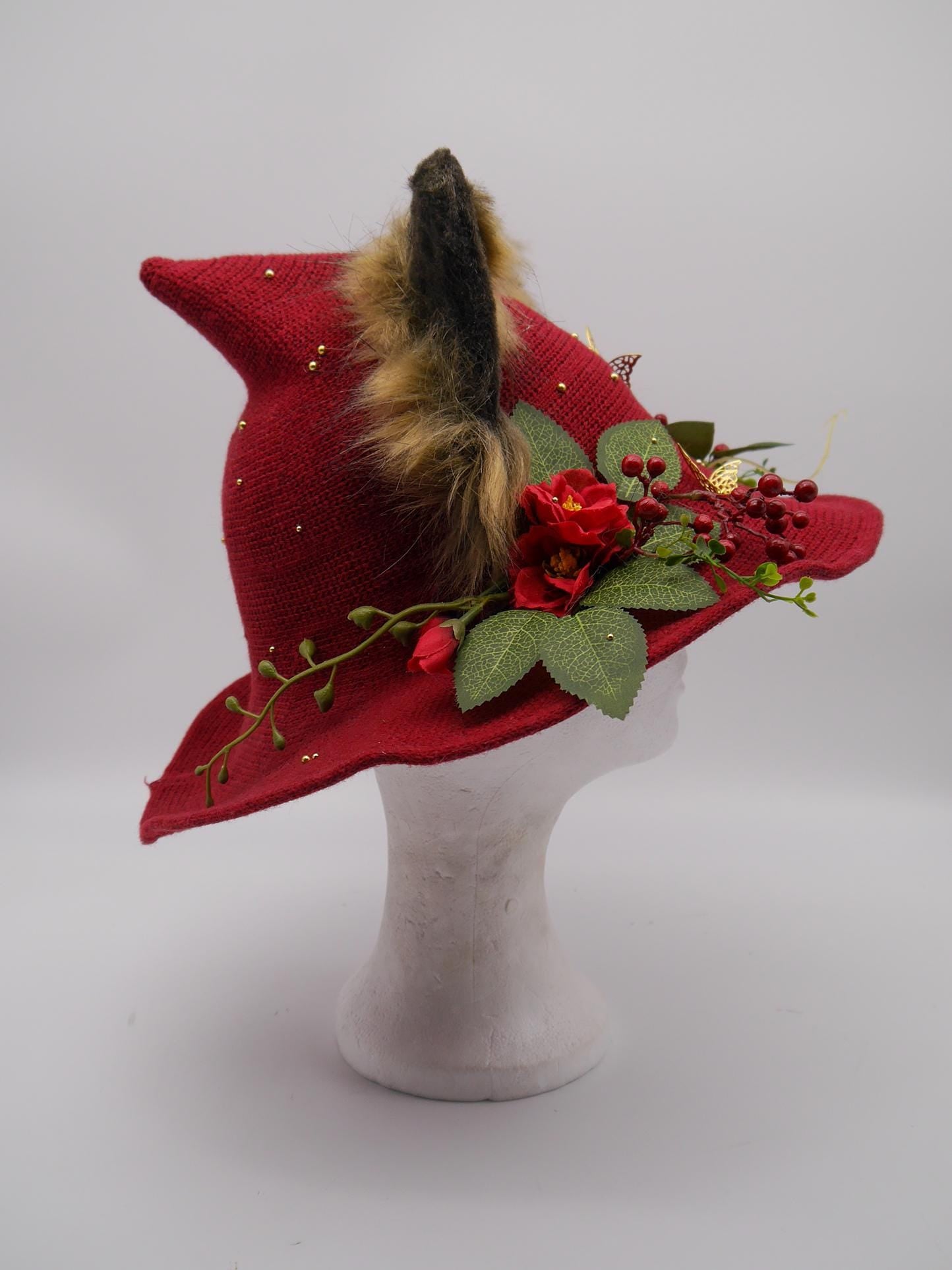 red witch Hat with Ears and Decorative Details ~ Magical Fantasy Design
