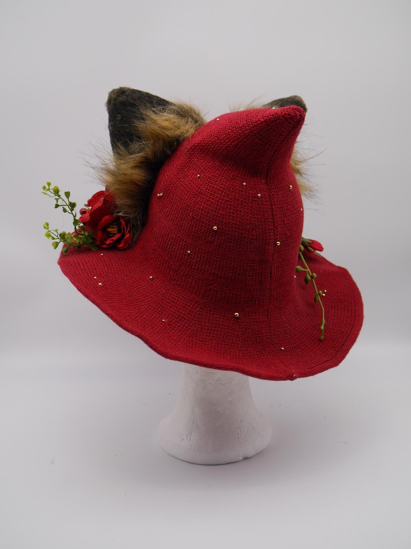 red witch Hat with Ears and Decorative Details ~ Magical Fantasy Design