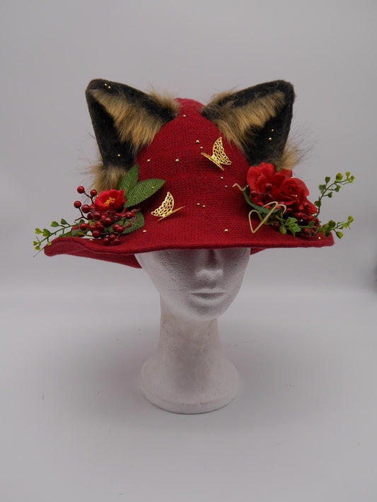 red witch Hat with Ears and Decorative Details ~ Magical Fantasy Design