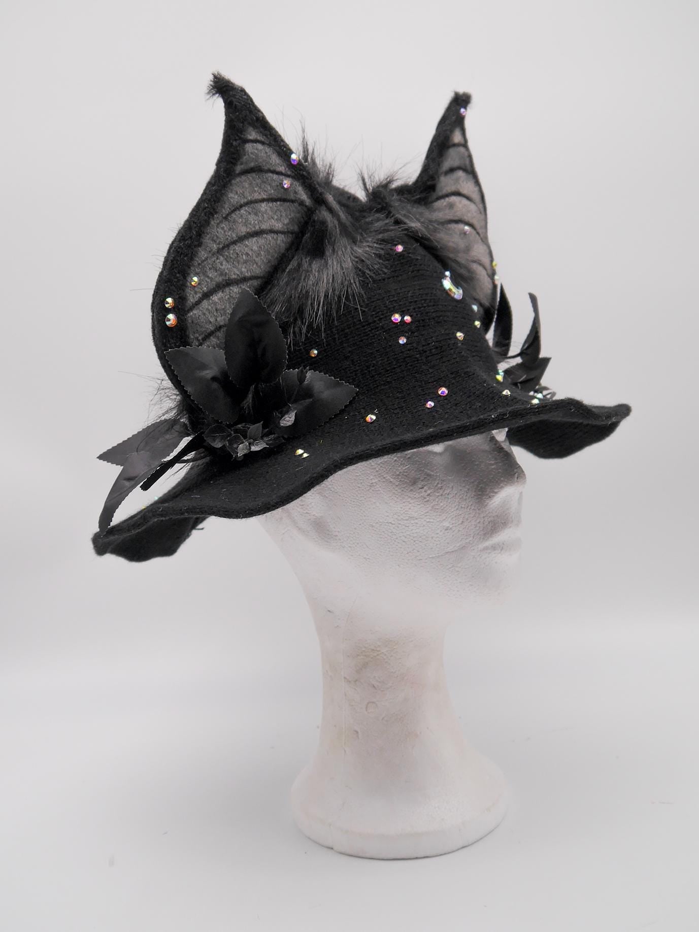 black witch Hat with Bat-Inspired Faux Fur Ears and Decorative Details ~ Magical Fantasy Design