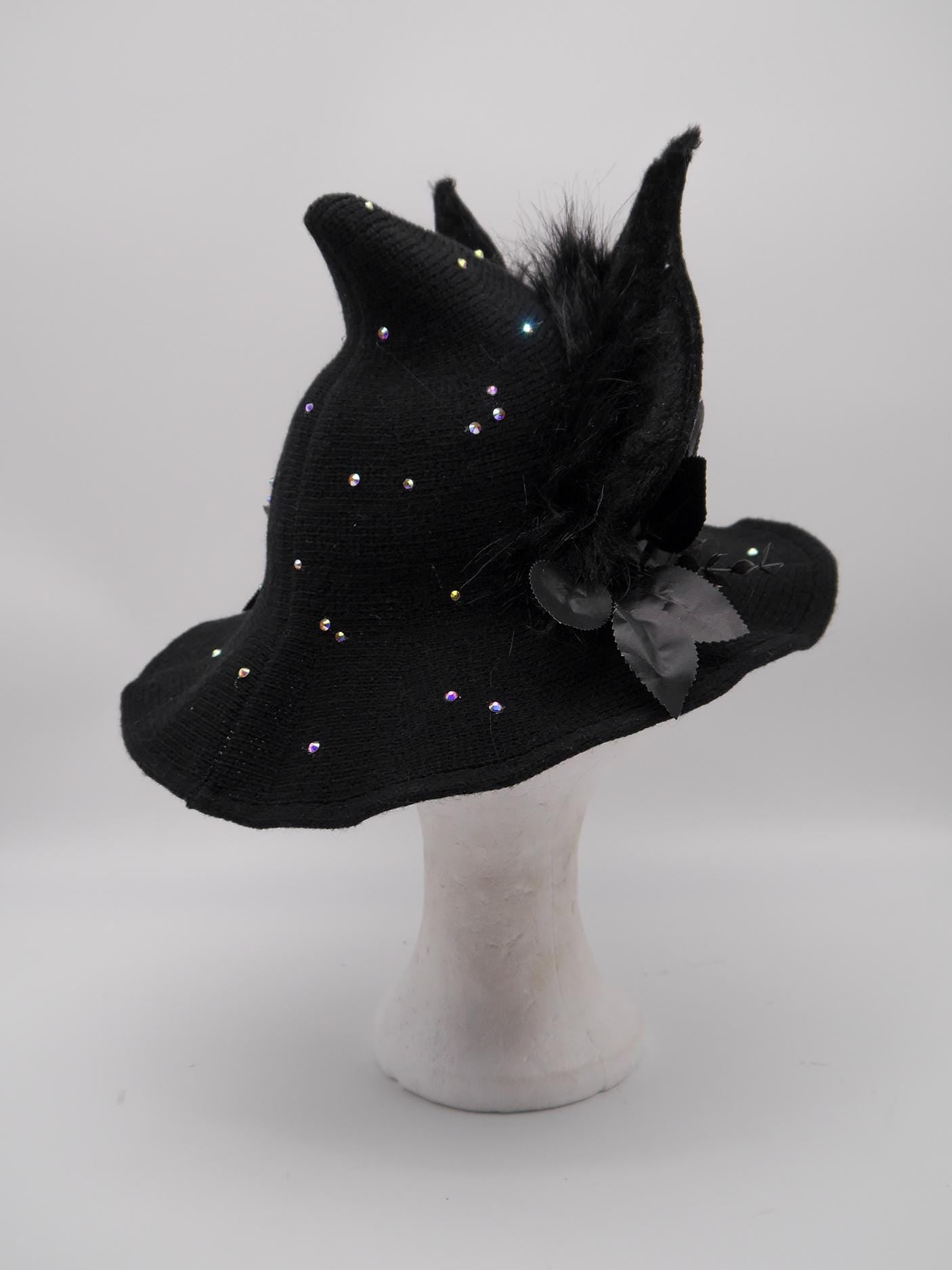 black witch Hat with Bat-Inspired Faux Fur Ears and Decorative Details ~ Magical Fantasy Design