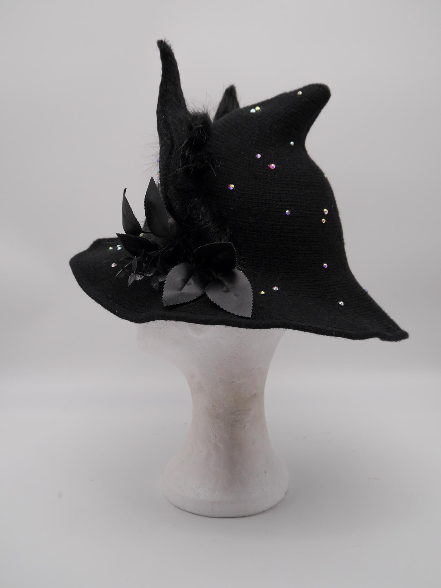 black witch Hat with Bat-Inspired Faux Fur Ears and Decorative Details ~ Magical Fantasy Design