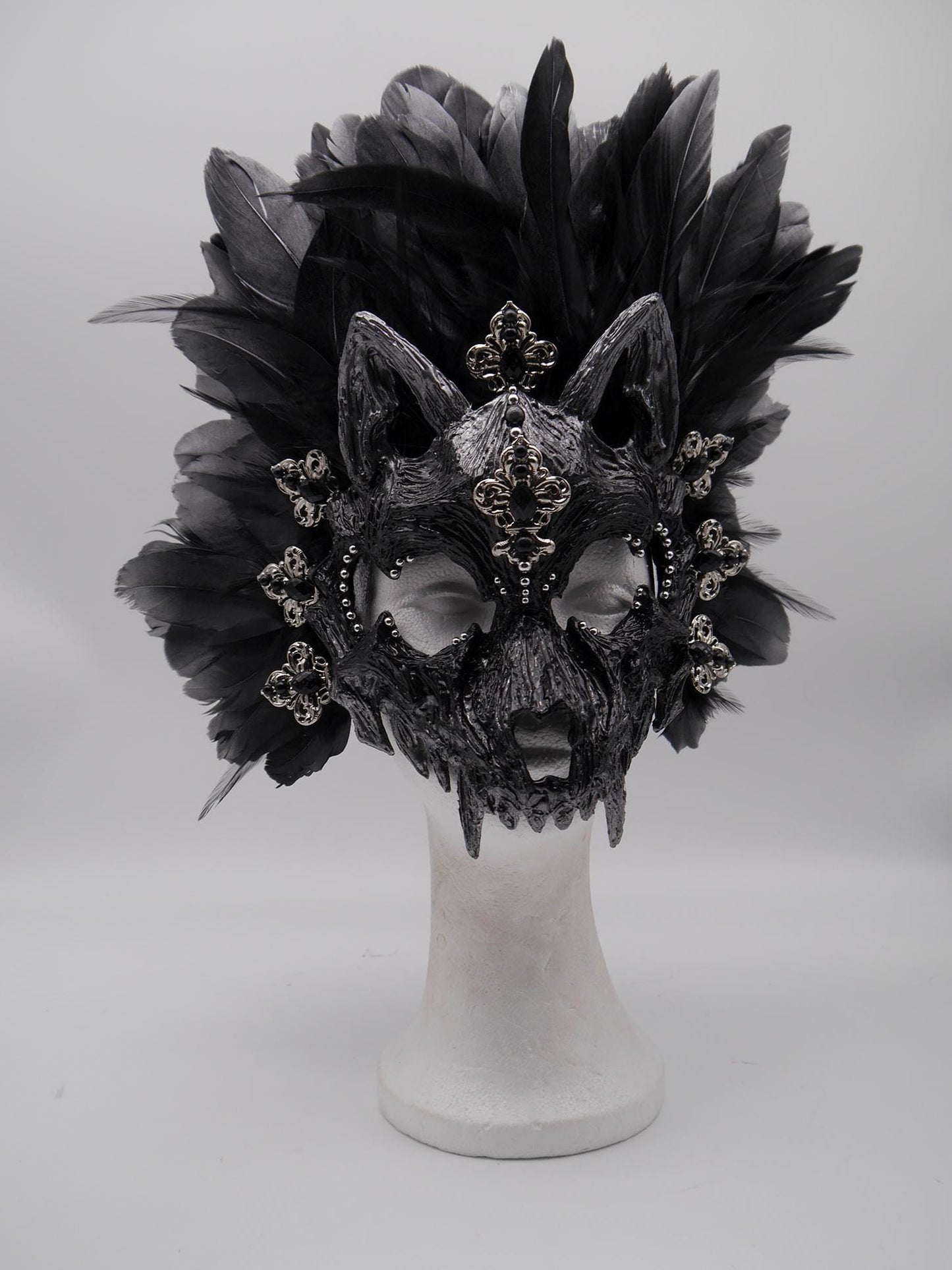 Black silver Cat Mask ~ Boho Maske ~ Headdress ~ Headpiece ~ Skull - Bones ~ wolves ~ wolf ~ Kopfschmuck