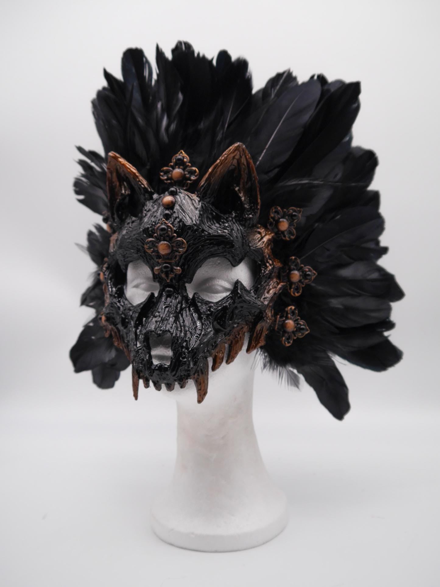 Black brown Cat Mask ~ Boho Maske ~ Headdress ~ Headpiece ~ Skull - Bones ~ wolves ~ wolf ~ Kopfschmuck