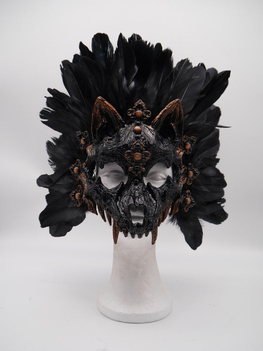 Black brown Cat Mask ~ Boho Maske ~ Headdress ~ Headpiece ~ Skull - Bones ~ wolves ~ wolf ~ Kopfschmuck