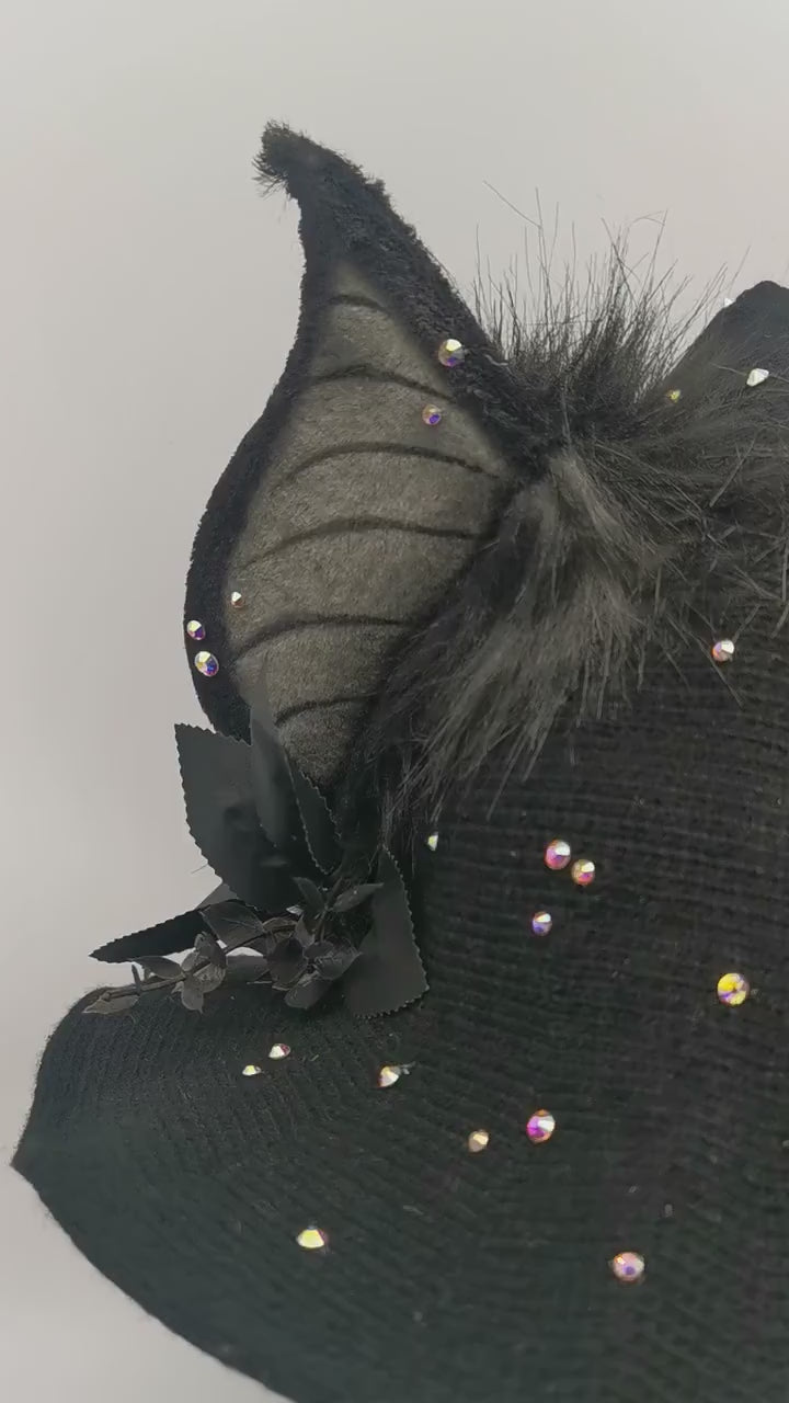 black witch Hat with Bat-Inspired Faux Fur Ears and Decorative Details ~ Magical Fantasy Design